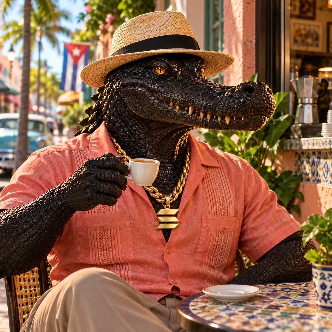 The gator in a straw hat and coral guayabera enjoying a cafecito in Little Havana